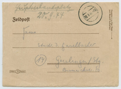 September 1944, German field post, likely from Estonia to Geislingen, Germany