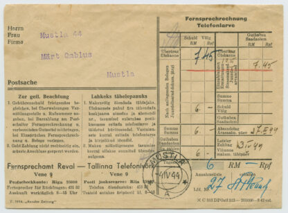 4.4.1944 German Postsache telephone bill/envelope, Tallinn - Mustla