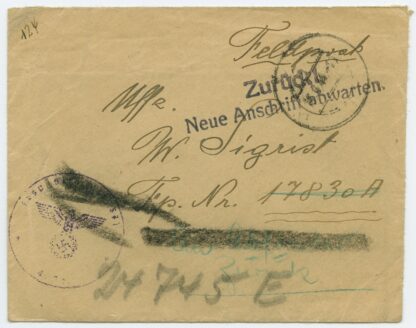 1944 returned German field post letter from Transport-Sicherungs-Bataillon 871, Reval/Tallinn