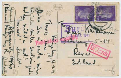 1941 incoming censored and returned postcard "Ansichtskarte unzulässig", Königsberg - Reval/Tallinn