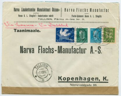 NB! 1940 ESSR commercial censored cover w 6s green Päts MI, Tallinn - Copenhagen, Denmark (via Germany)