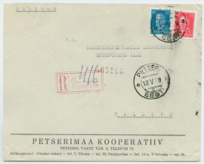 1938 commercial R-letter "Petserimaa kooperatiiv", Petseri/Petchory - Tallinn