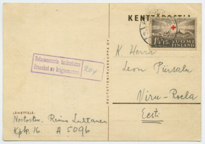 1940 Finnish censored & illustrated field post card to Viru-Roela, Estonia