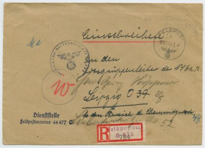 1944 registered German field post, Grenadier-Bataillon 540, Kenn-number 936, Narva area - Leipzig