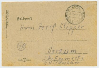 September 1944, German field post Feldlazarett 572, Hapsal/Haapsalu - Sorsum, Hildesheim, Germany