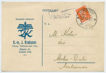 1940 printed matter w. Krakusen advertising, 3s Päts, Pärnu - Rintsi, island Muhu