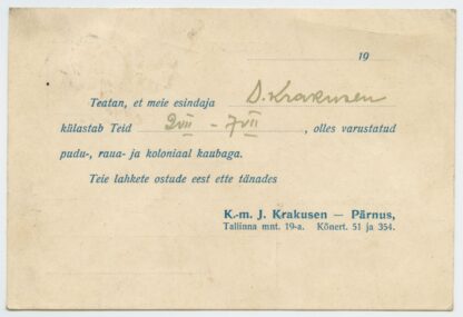 1940 printed matter w. Krakusen advertising, 3s Päts, Pärnu - Rintsi, island Muhu - Image 2