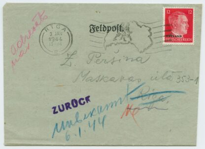 1944 German occupation, returned field post letter of Russian serviceman, (Narva - ) Riga, Latvia - Narva