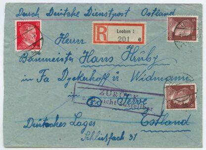 1944 end of German occupation, "no postal connection", R-letter, Leoben, Austria - Jewe/Jõhvi, "Deutches Lager"