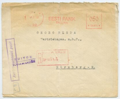 1940 double censored registered franking meter 10, Tallinn - Nürnberg, Germany