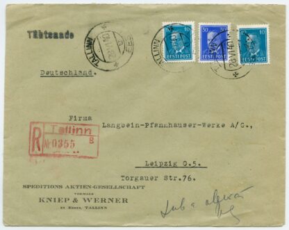 1940 commercial censored R-letter, Kniep & Werner, Tallinn - Leipzig