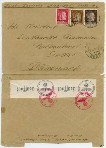 1941 German occupation censored letter w. foreign rate 25pf, Kunda - Sindal, Denmark - Image 3