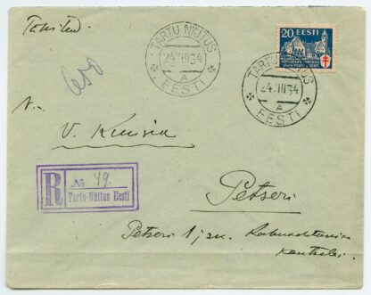 1934 R-letter from seasonal post office Tartu Näitus w. 20s anti-tuberculosis stamp, Tartu - Petseri