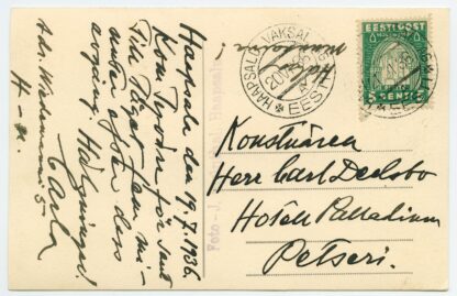 1936 postcard w 5s Pirita stamp, Haapsalu vaksal - Petseri hotell Palladium