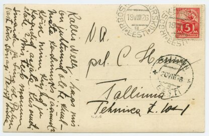 1926 postcard IRBOSKA (ISBORSKI)-B postmark, Irboska/Izborsk-Tallinn