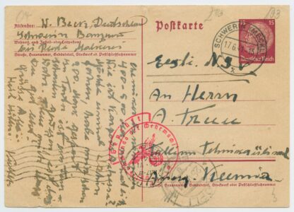 1941 ESSR, war begins, incoming censored stationery Schwerin, Germany - Tallinn, Kopli, Tehnikaülikool