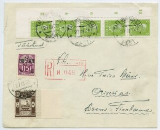 1938 R-letter mixed franking w. Caritas stamp, Tallinn Vaksal-Orivesi, Finland.