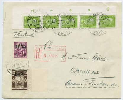 1938 R-letter mixed franking w. Caritas stamp, Tallinn Vaksal-Orivesi, Finland.