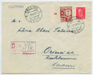 1937 R-letter mixed franking w. Caritas stamp, Tallinn - Orivesi, Finland
