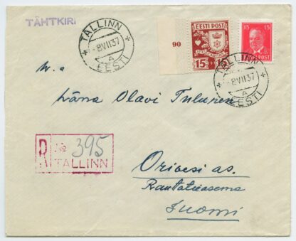 1937 R-letter mixed franking w. Caritas stamp, Tallinn - Orivesi, Finland