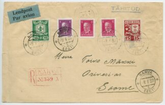1937 R-letter mixed franking w. Caritas stamps, Narva - Orivesi, Finland