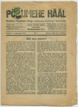 1931 newspaper Põllumehe Hääl franked w. 2s coat of arms stamp, Tartu