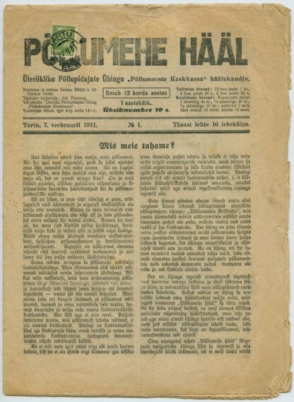 1931 newspaper Põllumehe Hääl franked w. 2s coat of arms stamp, Tartu