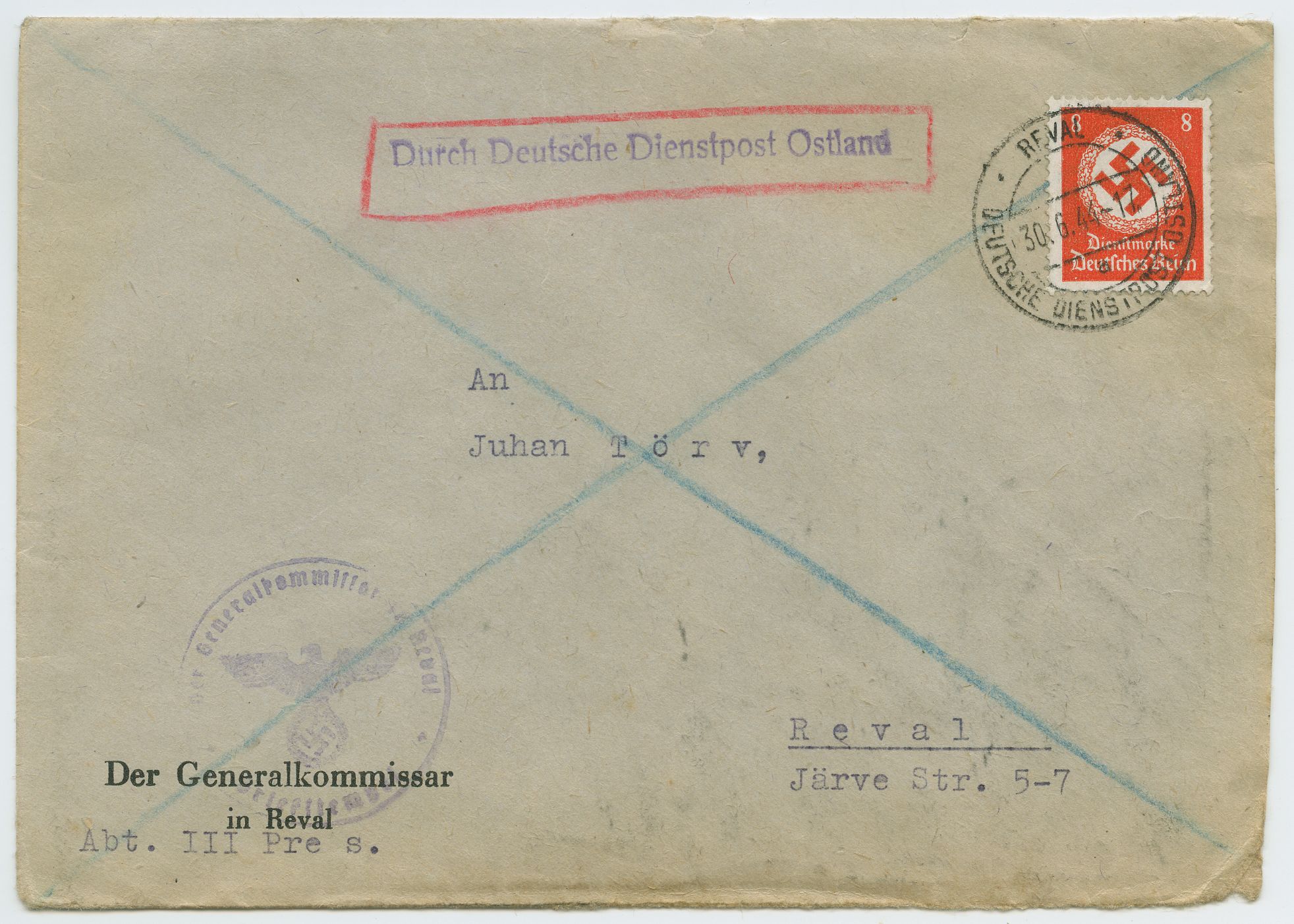 1944 German Dienstmarke 8 Rpf single, Tallinn/Reval local (damaged)