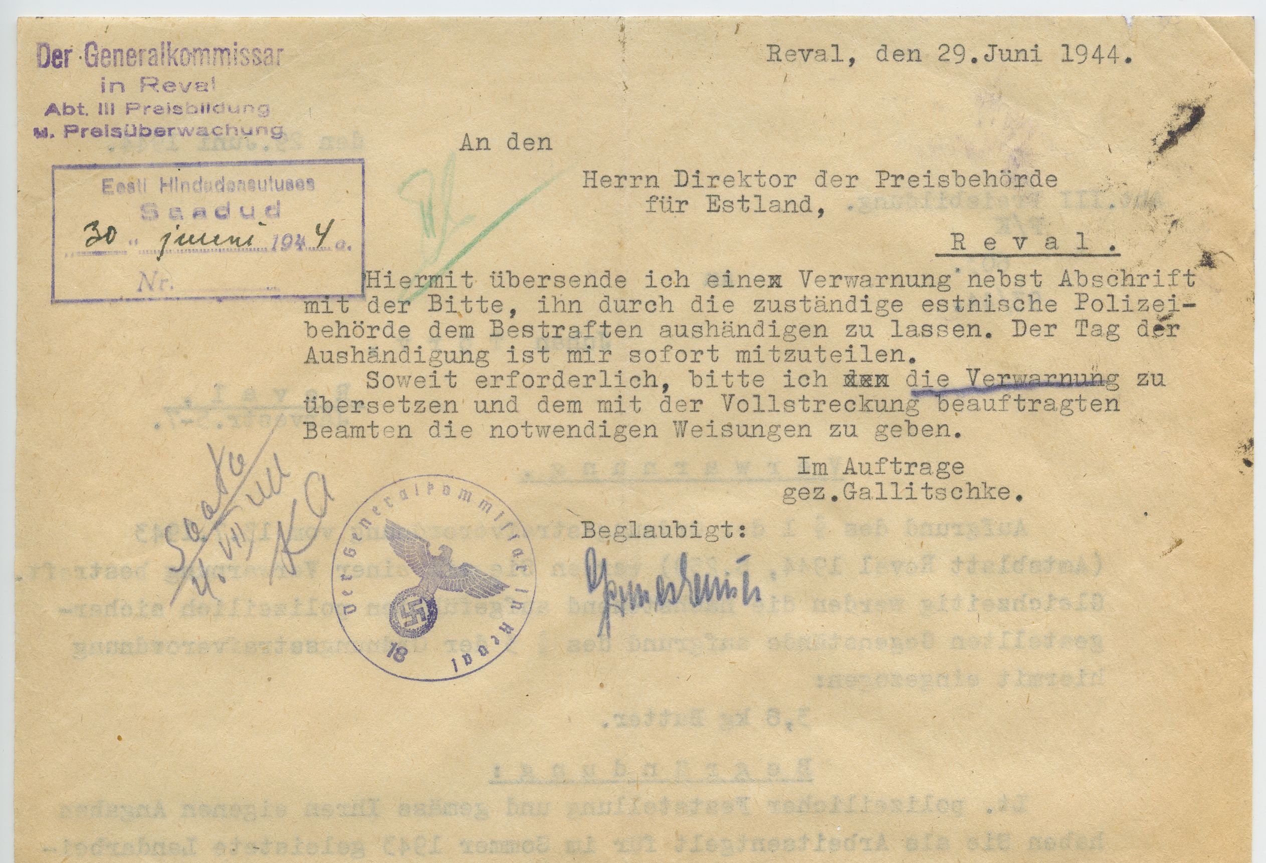 1944 German Dienstmarke 8 Rpf single, Tallinn/Reval local (damaged) - Image 4