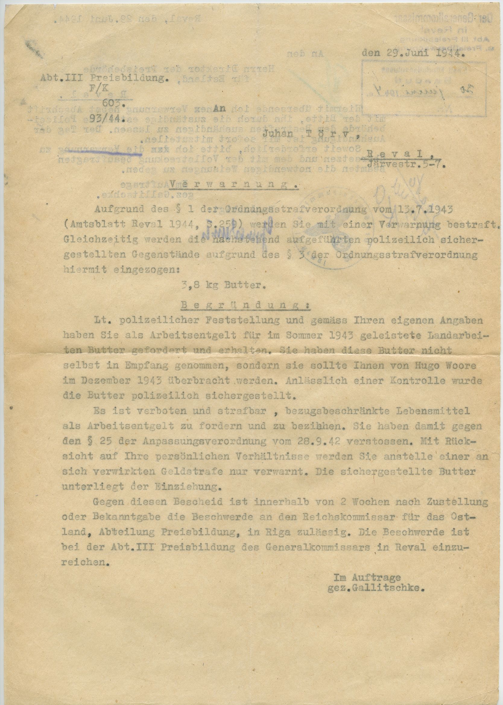 1944 German Dienstmarke 8 Rpf single, Tallinn/Reval local (damaged) - Image 3