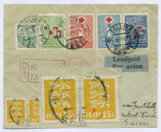 1931 "5 paws" error on yellow 15s leopard on air mail R-letter, Tallinn-Zürich, Switzerland