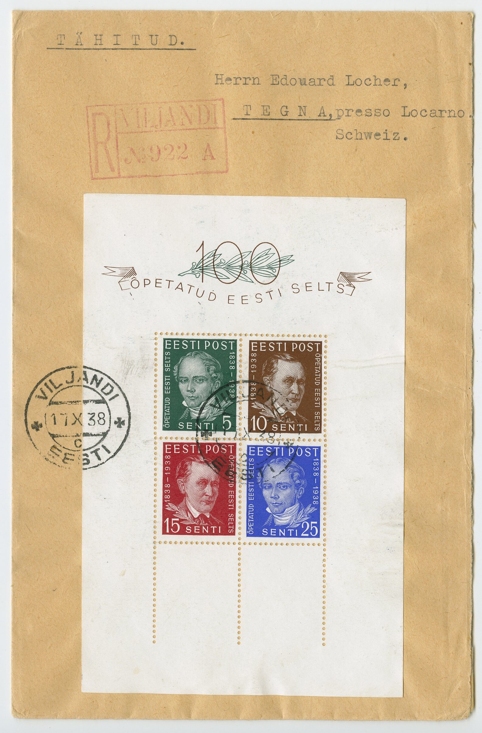 1938 scholars block on R-letter, Viljandi - Tegna, Switzerland