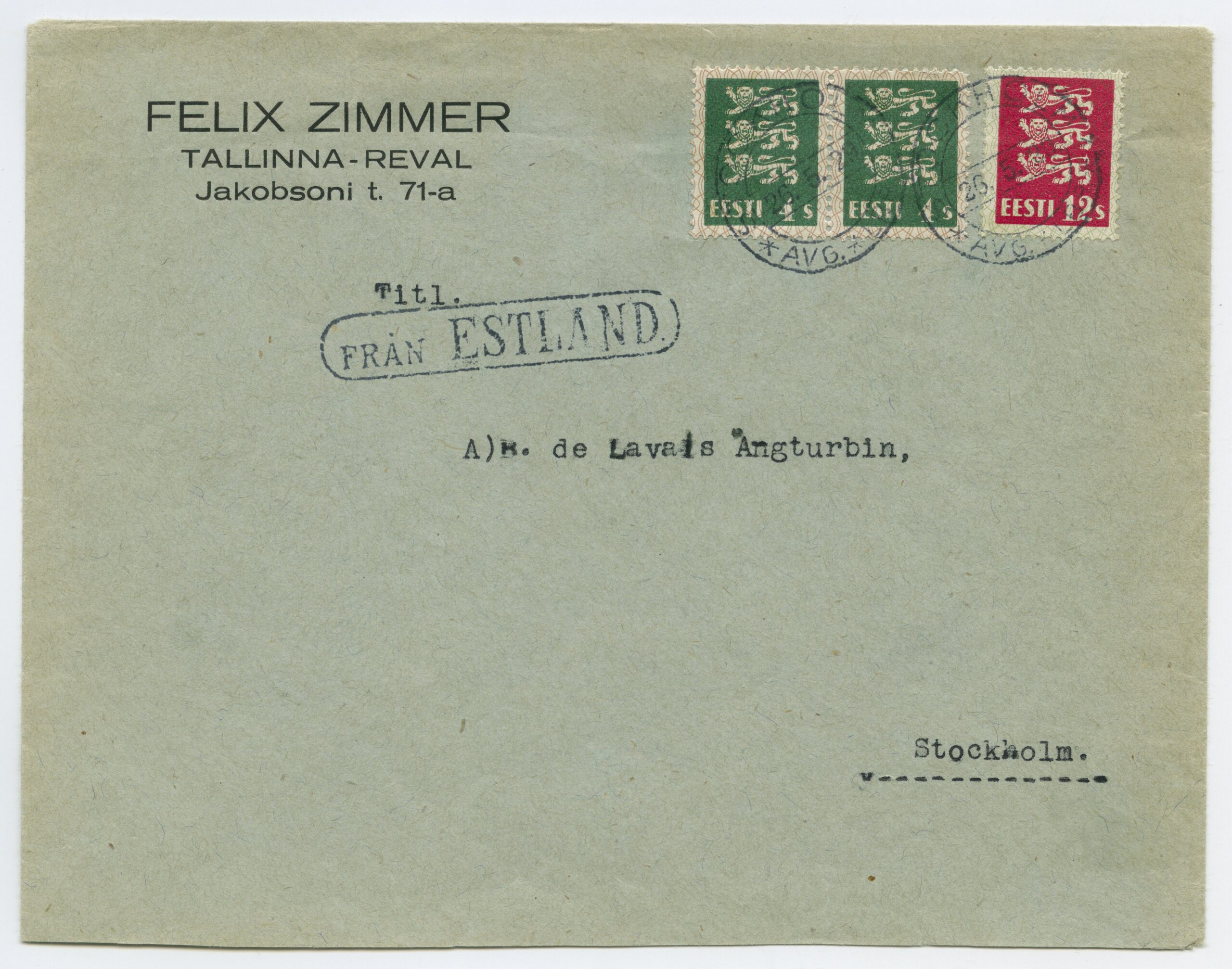 1929 commercial ship mail/paquebot from Tallinn-Stockholm line