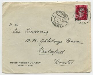 1938 ÕES Estonian Scholars 15s on letter SI, Pärnu hotel Vasa - Karlstad, Sweden